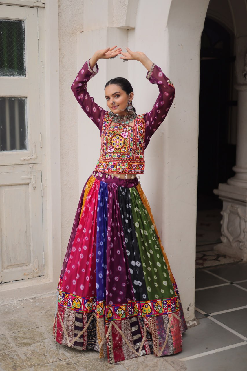 Multicolour Kutchi Gamthi Embroidered Navratri Lehenga Choli Set
