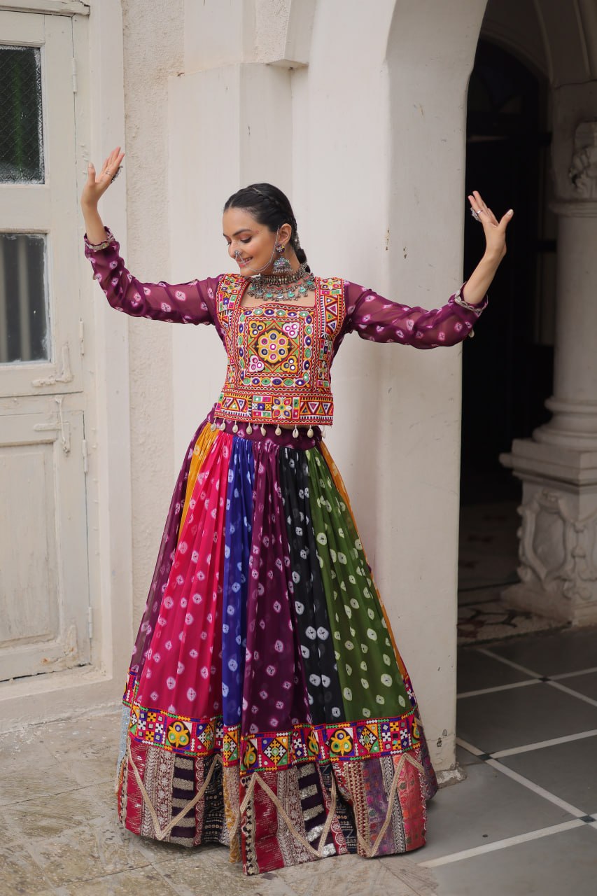 Multicolour Kutchi Gamthi Embroidered Navratri Lehenga Choli Set