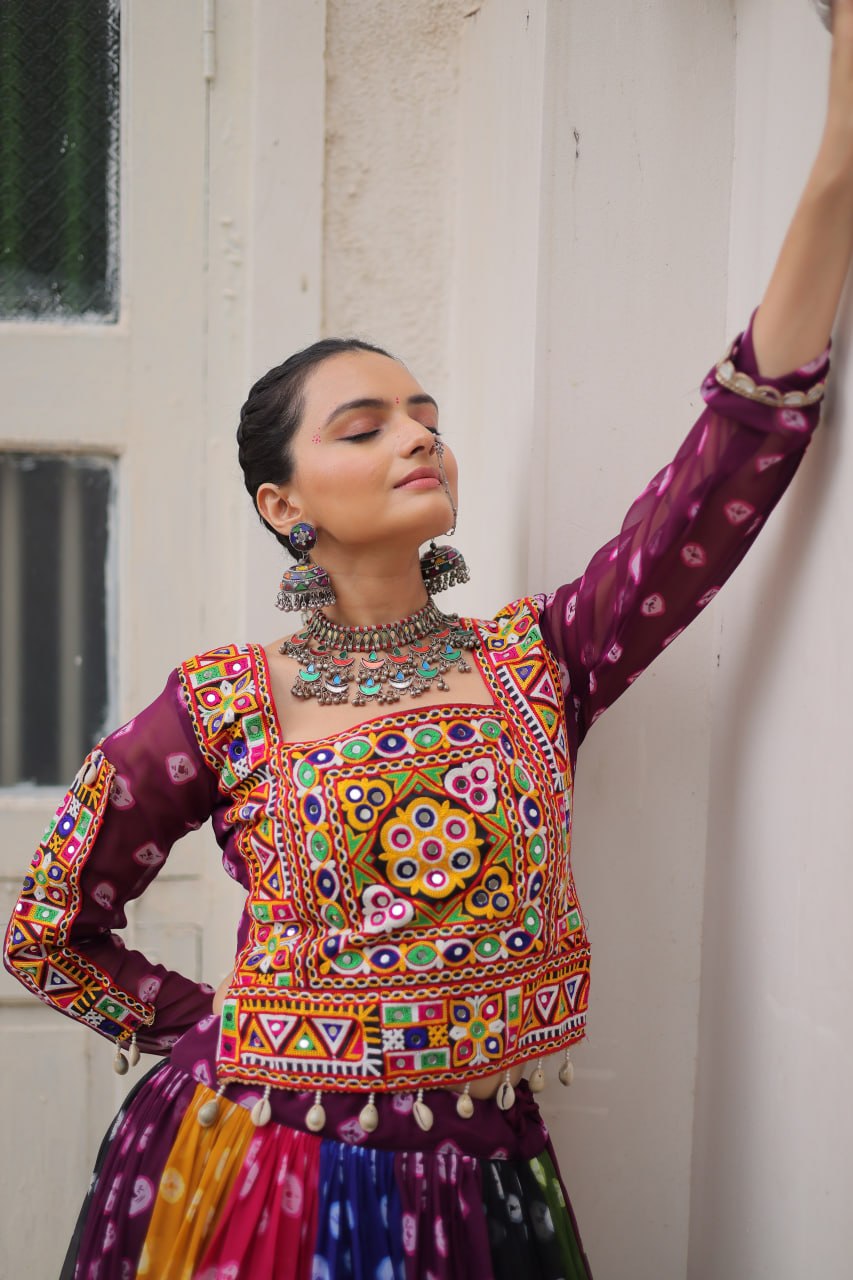 Multicolour Kutchi Gamthi Embroidered Navratri Lehenga Choli Set