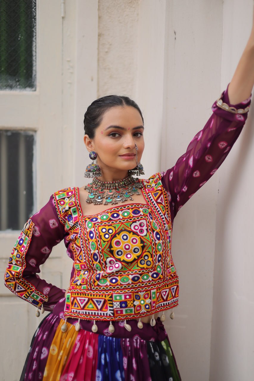 Multicolour Kutchi Gamthi Embroidered Navratri Lehenga Choli Set