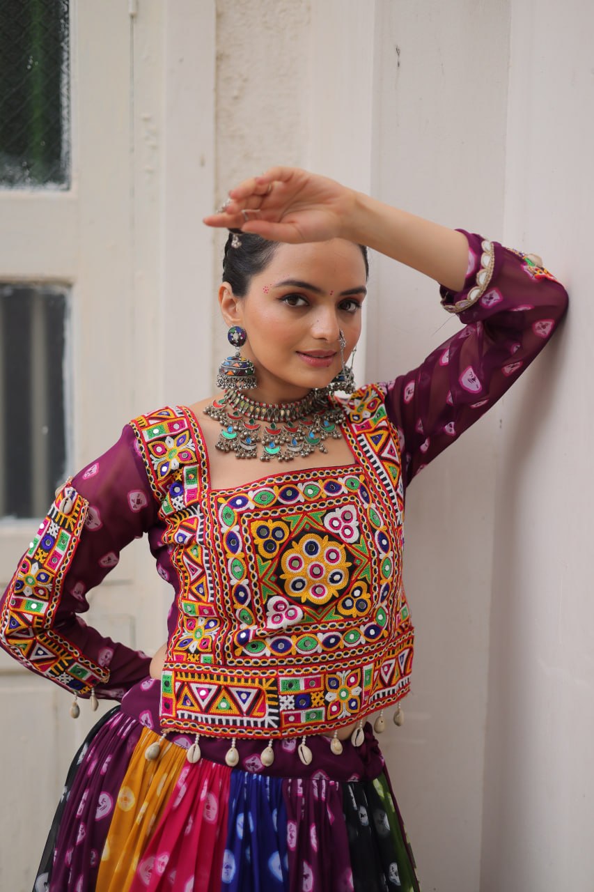 Multicolour Kutchi Gamthi Embroidered Navratri Lehenga Choli Set