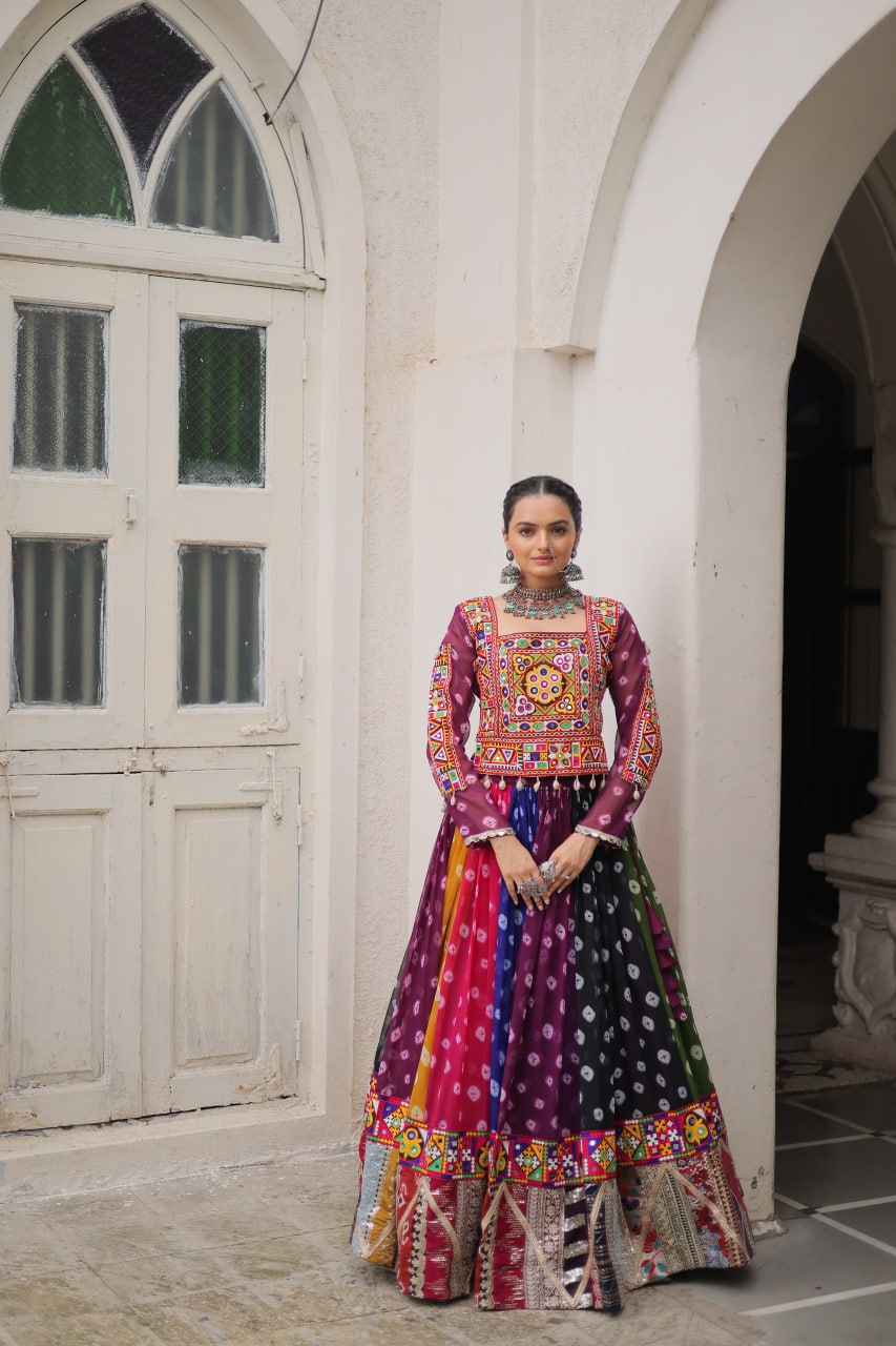 Multicolour Kutchi Gamthi Embroidered Navratri Lehenga Choli Set