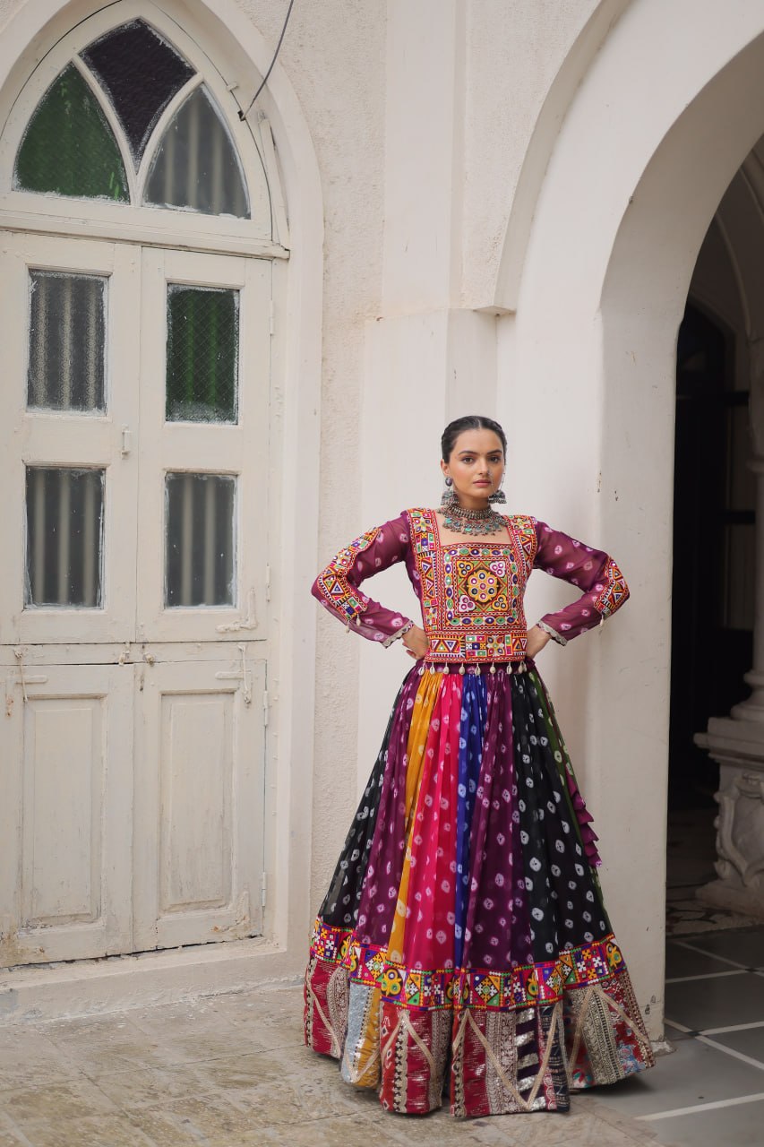 Multicolour Kutchi Gamthi Embroidered Navratri Lehenga Choli Set