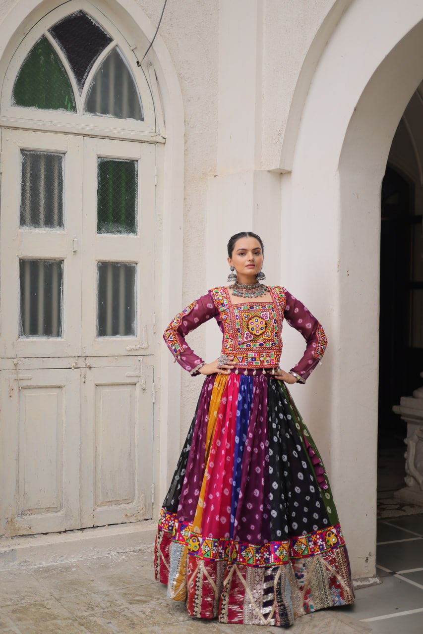 Multicolour Kutchi Gamthi Embroidered Navratri Lehenga Choli Set