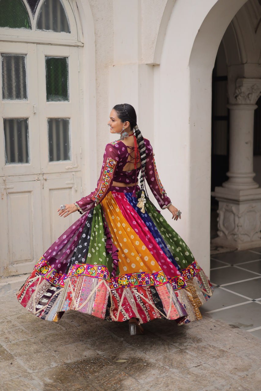 Multicolour Kutchi Gamthi Embroidered Navratri Lehenga Choli Set