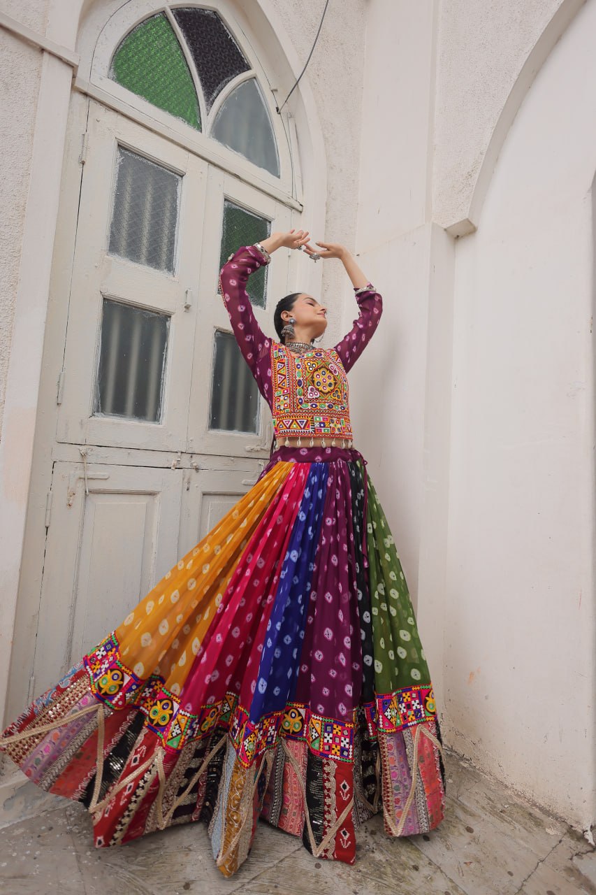 Multicolour Kutchi Gamthi Embroidered Navratri Lehenga Choli Set