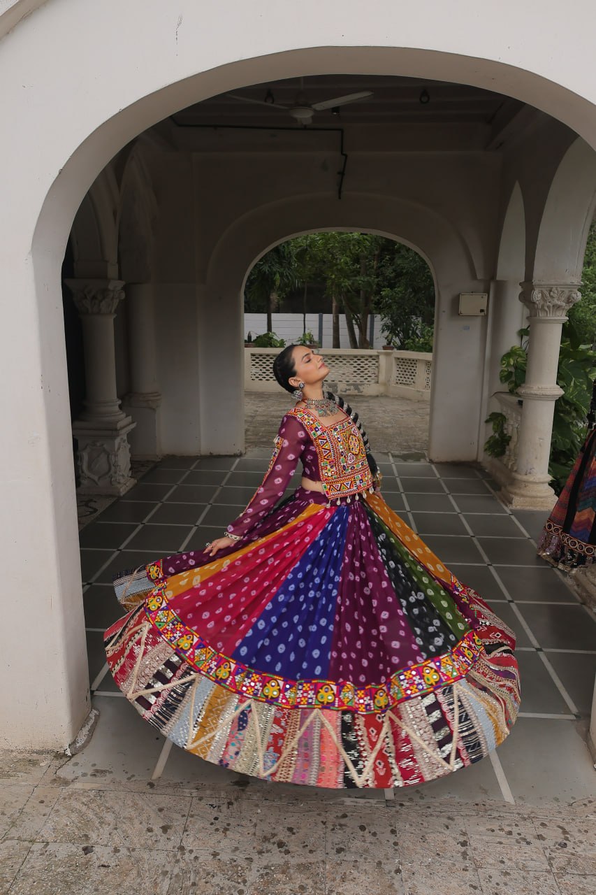 Multicolour Kutchi Gamthi Embroidered Navratri Lehenga Choli Set