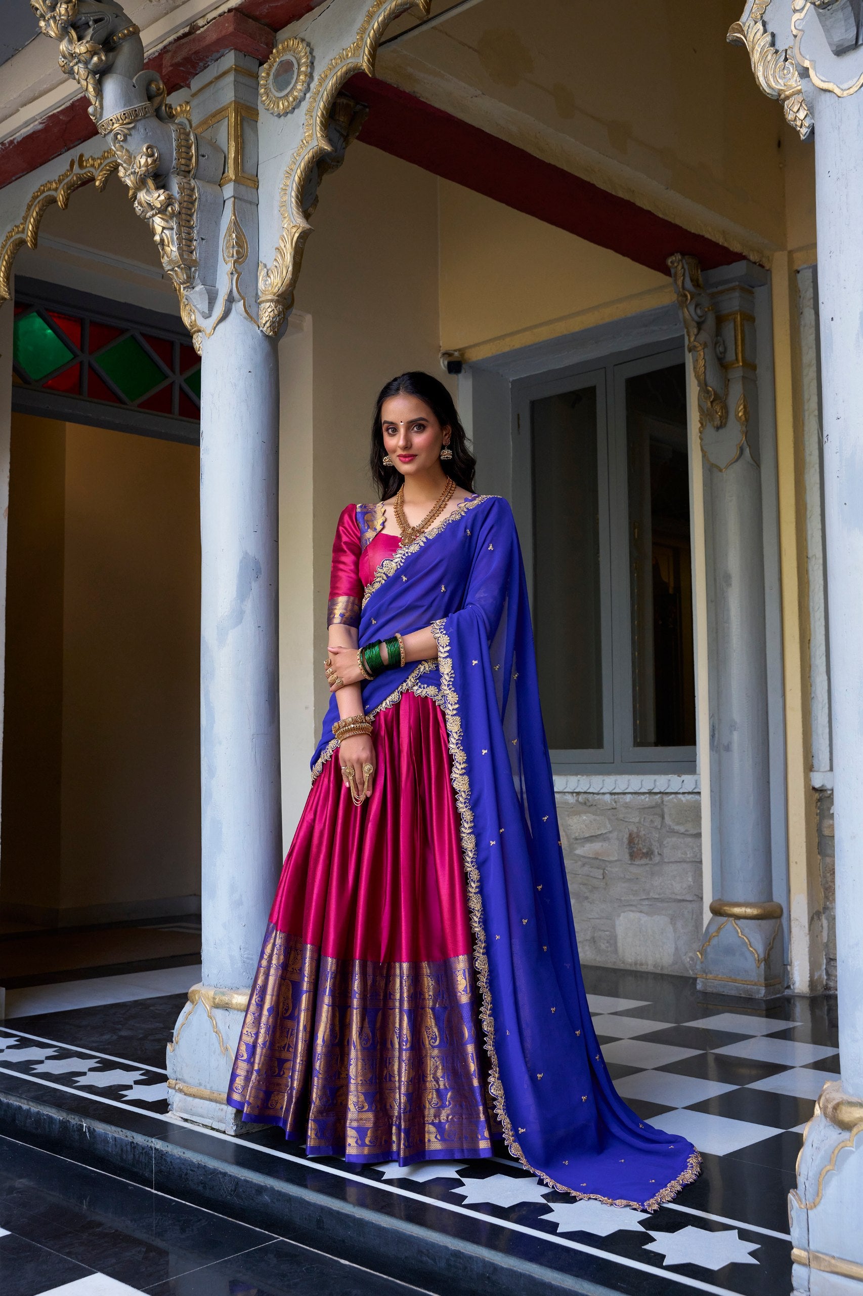 Magenta Narayan Pattu Zari Lehenga Choli Set with Royal Blue Dupatta