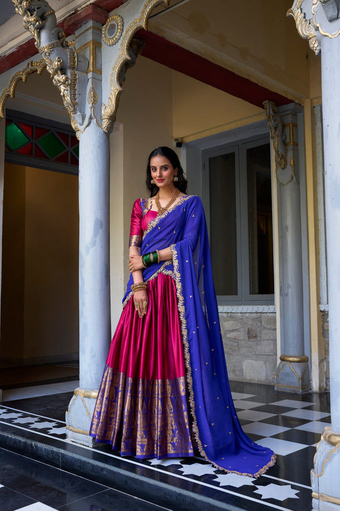 Magenta Narayan Pattu Zari Lehenga Choli Set with Royal Blue Dupatta