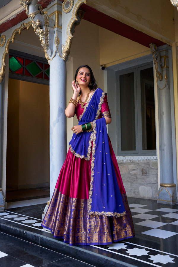 Magenta Narayan Pattu Zari Lehenga Choli Set with Royal Blue Dupatta