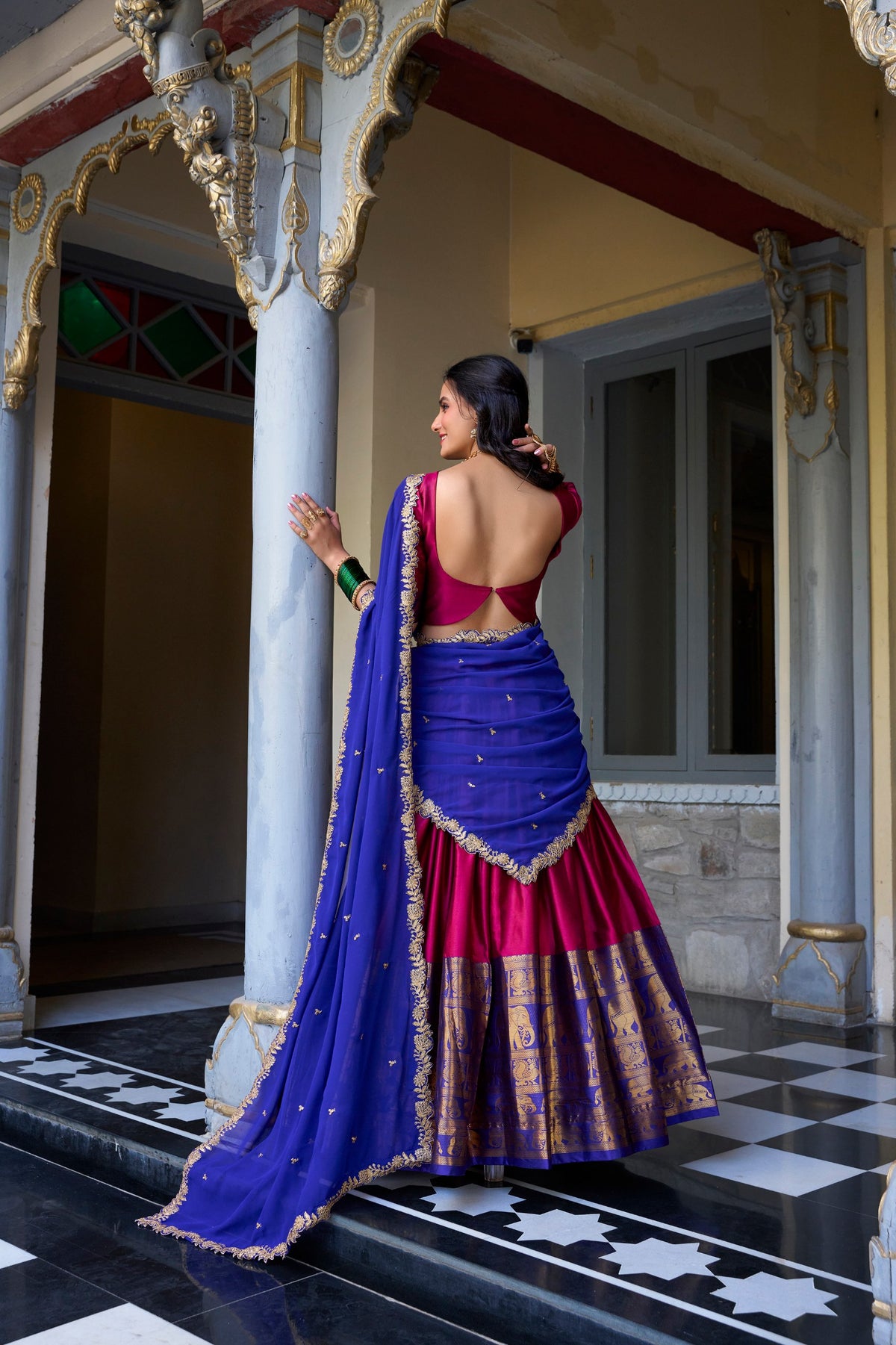 Magenta Narayan Pattu Zari Lehenga Choli Set with Royal Blue Dupatta