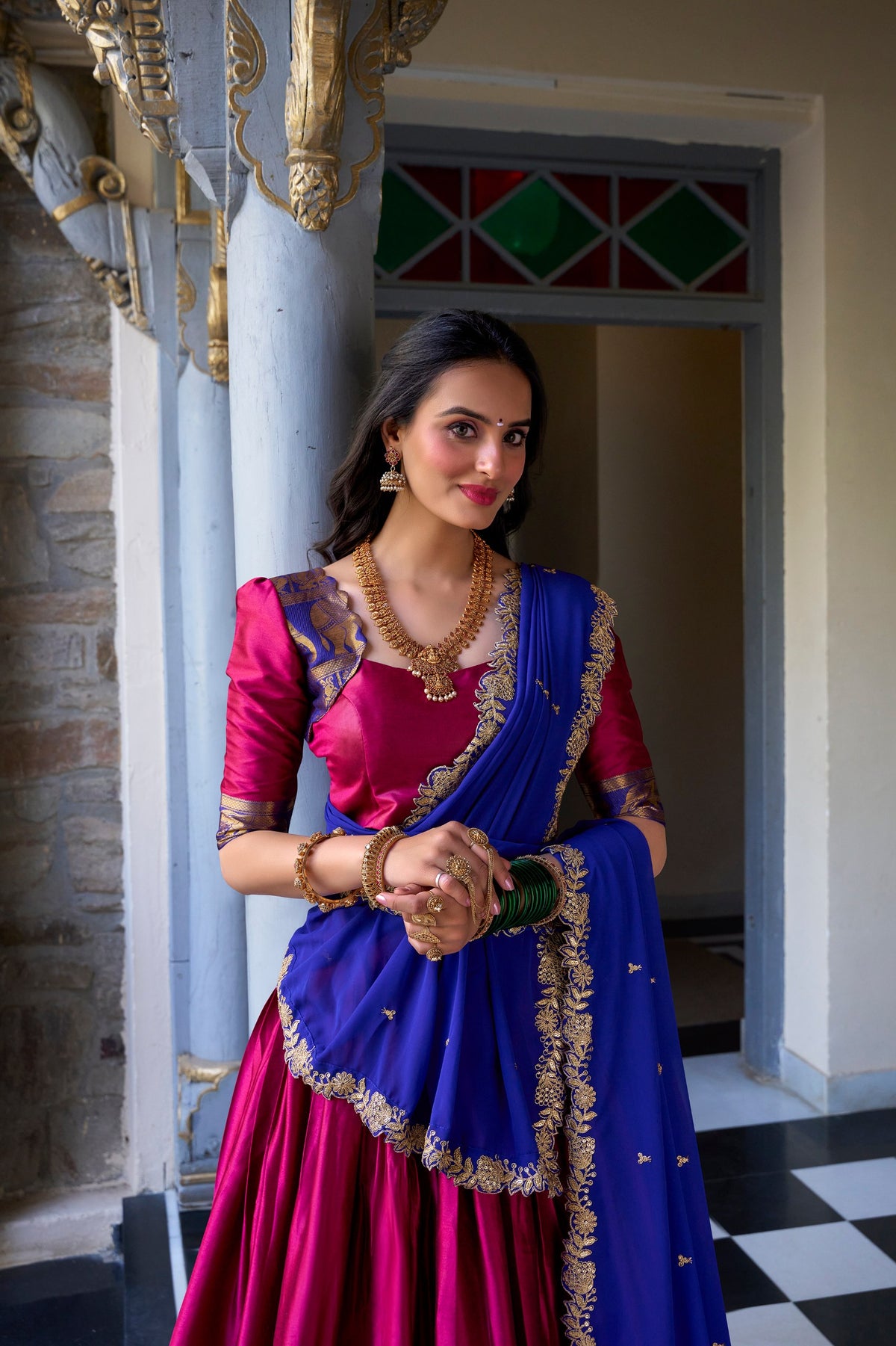 Magenta Narayan Pattu Zari Lehenga Choli Set with Royal Blue Dupatta