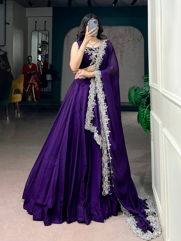 Dark Purple Tube Bead Embroidered Rangoli Silk Lehenga Choli Set