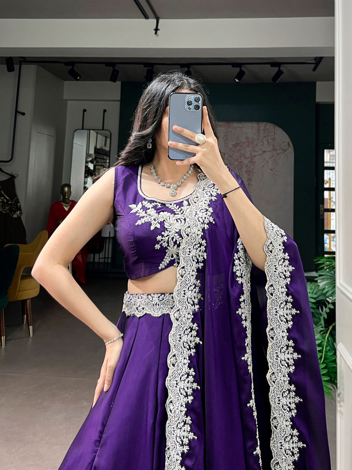 Dark Purple Tube Bead Embroidered Rangoli Silk Lehenga Choli Set