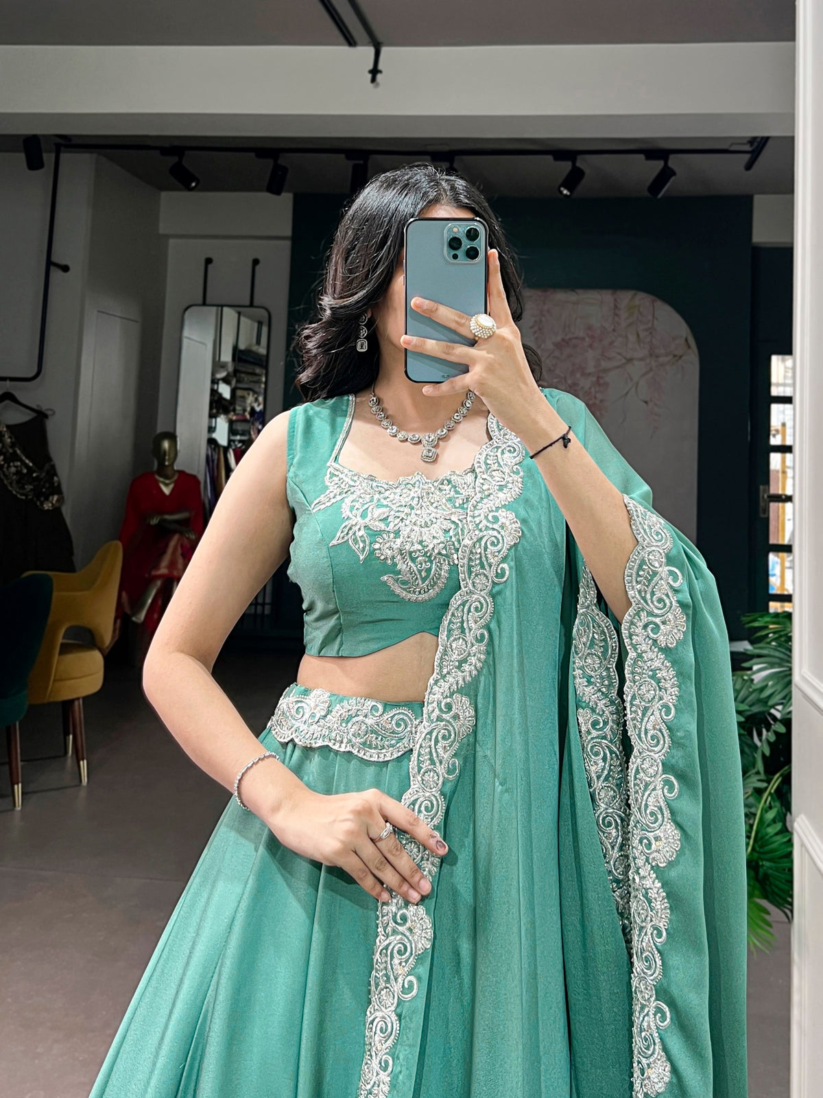 Sea Green Tube Bead Embroidered Rangoli Silk Lehenga Choli Set