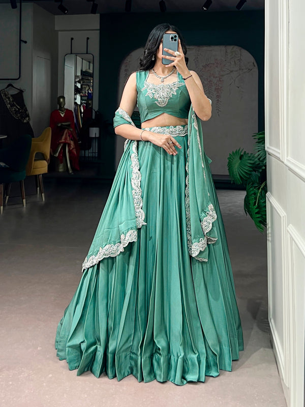 Sea Green Tube Bead Embroidered Rangoli Silk Lehenga Choli Set