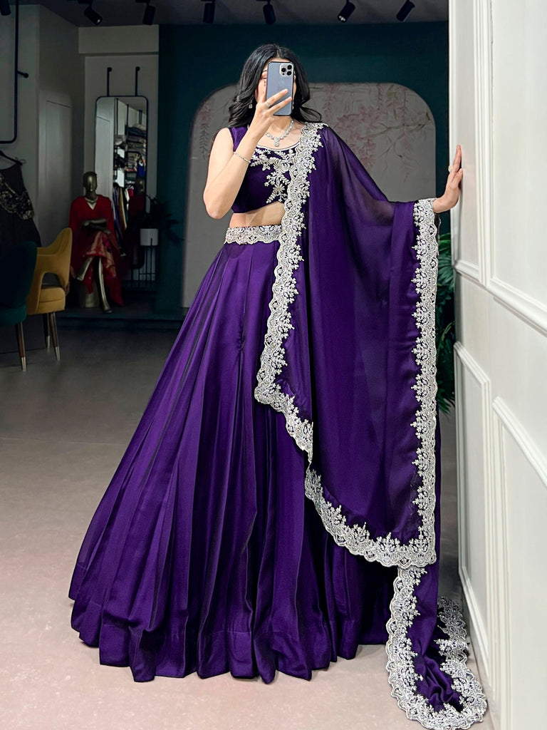 Dark Purple Tube Bead Embroidered Rangoli Silk Lehenga Choli Set
