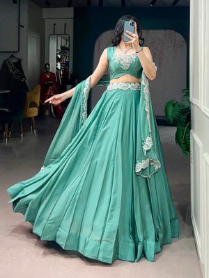 Sea Green Tube Bead Embroidered Rangoli Silk Lehenga Choli Set