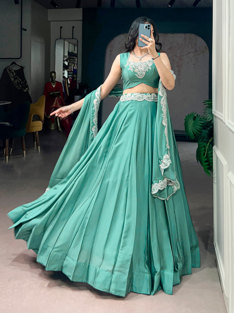 Sea Green Tube Bead Embroidered Rangoli Silk Lehenga Choli Set