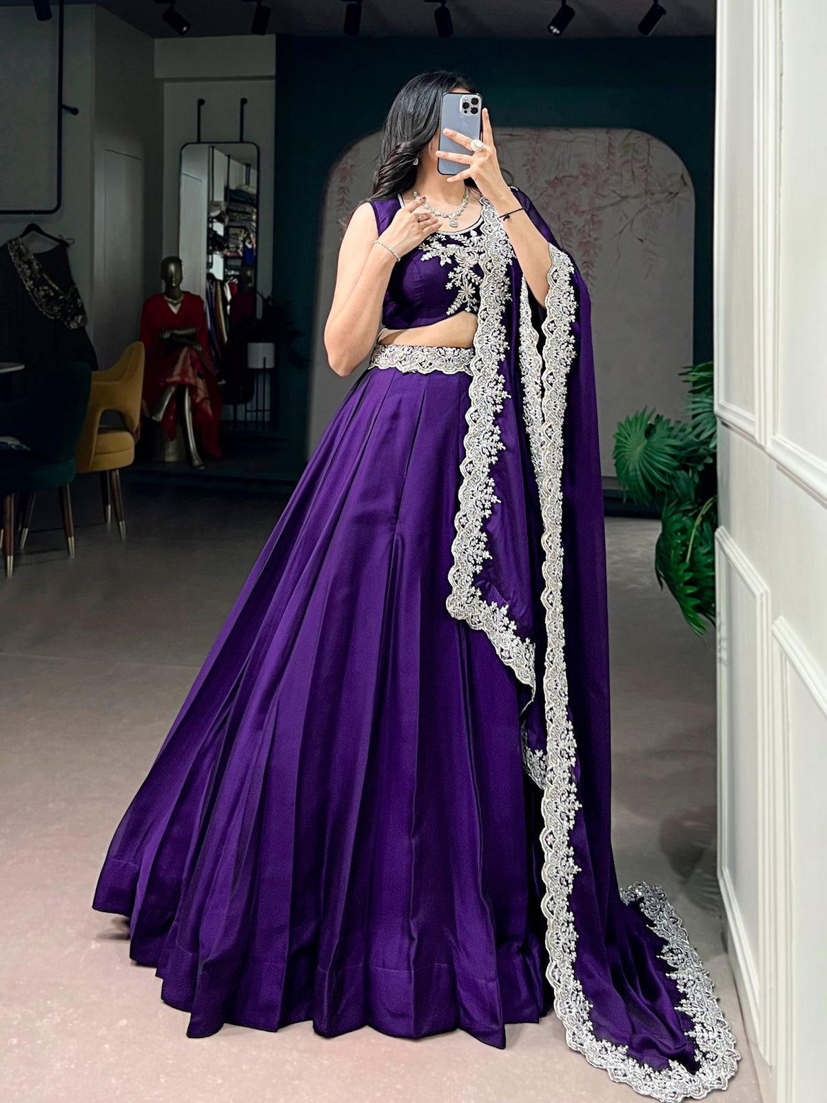 Dark Purple Tube Bead Embroidered Rangoli Silk Lehenga Choli Set