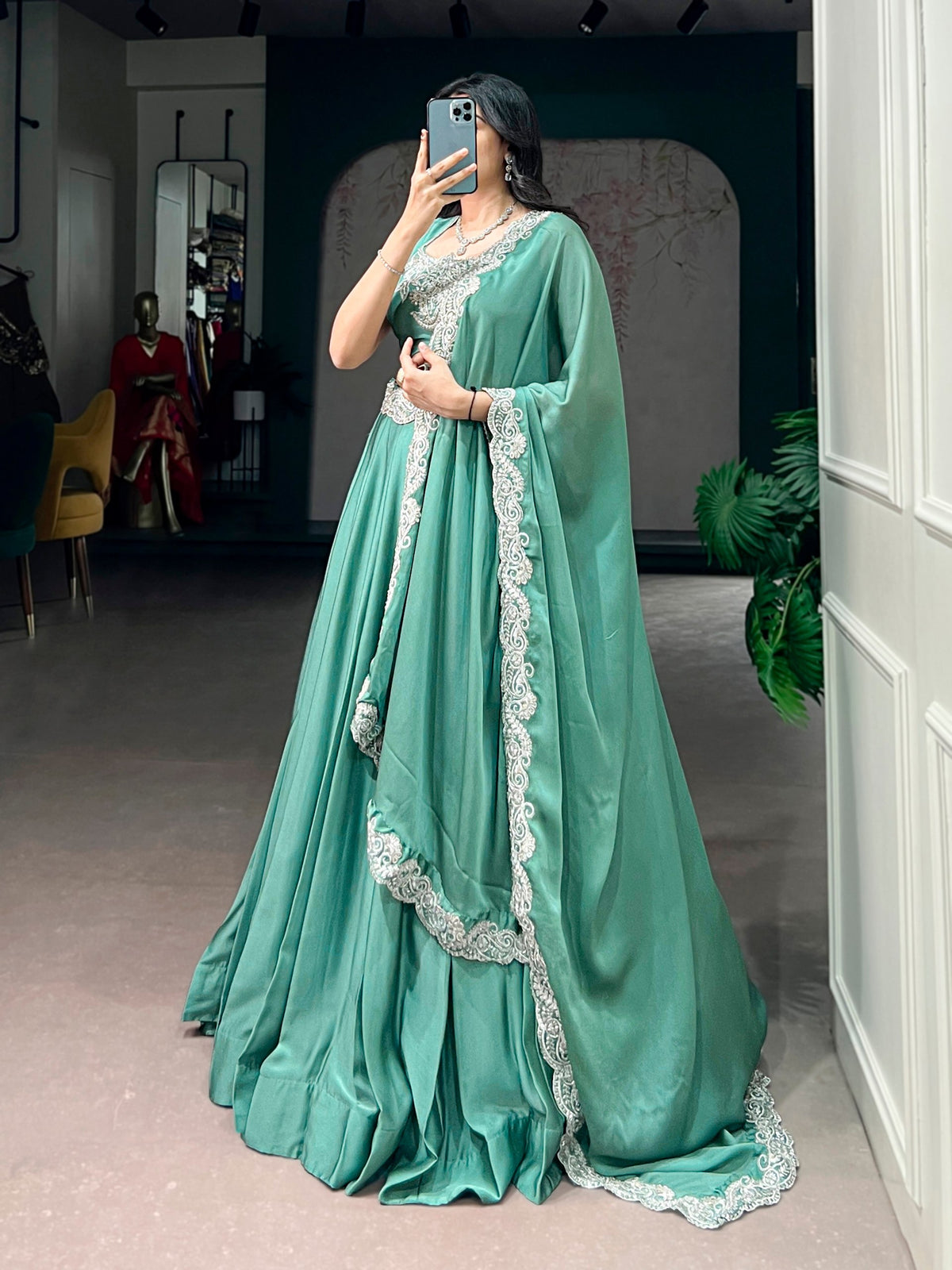 Sea Green Tube Bead Embroidered Rangoli Silk Lehenga Choli Set