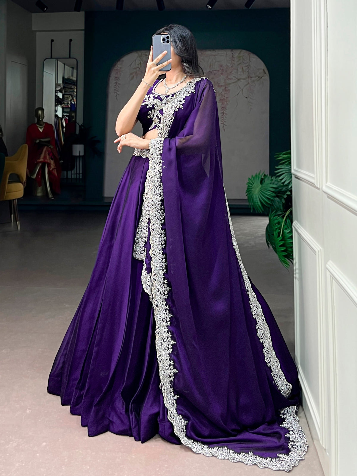 Dark Purple Tube Bead Embroidered Rangoli Silk Lehenga Choli Set