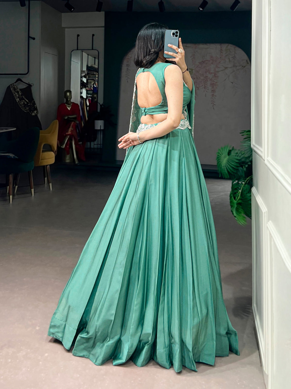 Sea Green Tube Bead Embroidered Rangoli Silk Lehenga Choli Set