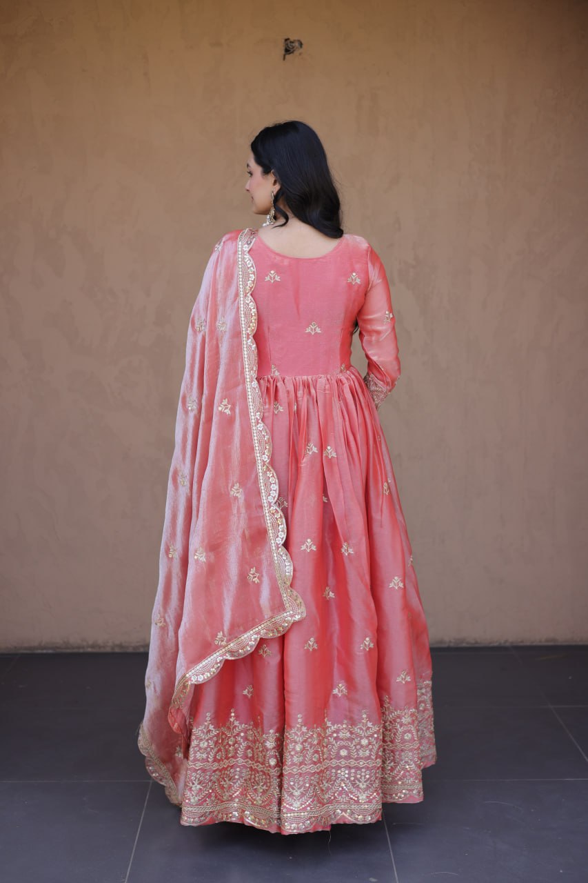 Peach Fendi Silk Embroidered Gown with Dupatta