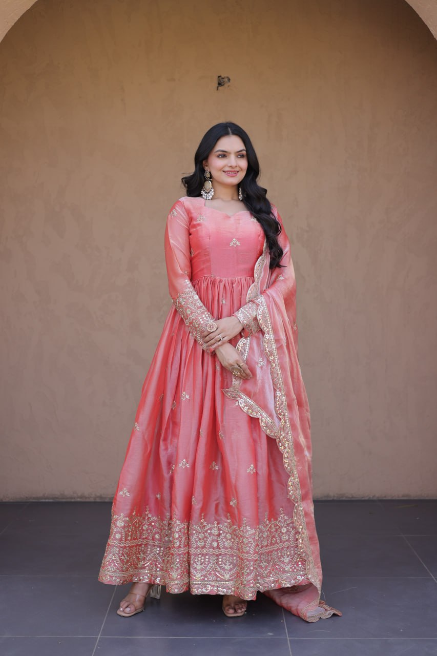 Peach Fendi Silk Embroidered Gown with Dupatta