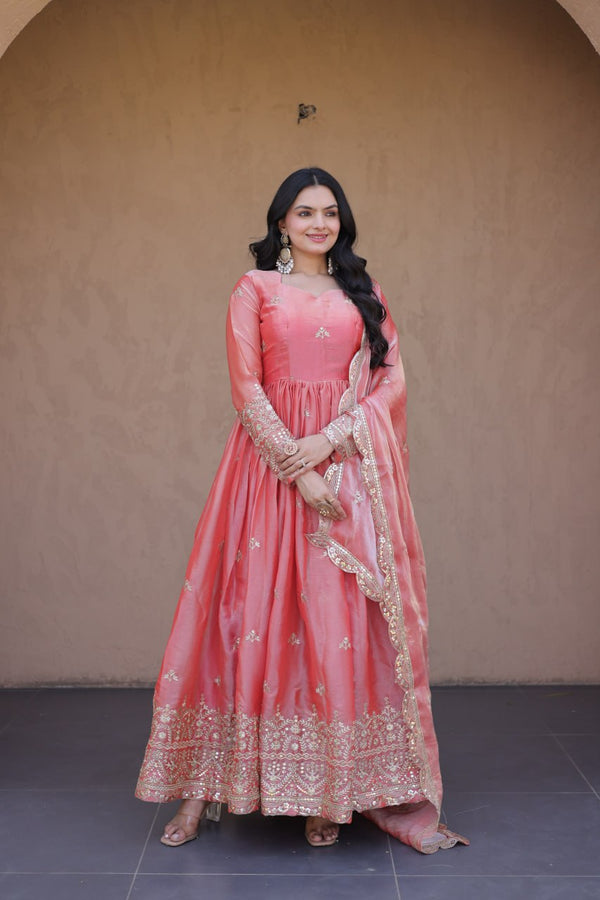 Peach Fendi Silk Embroidered Gown with Dupatta