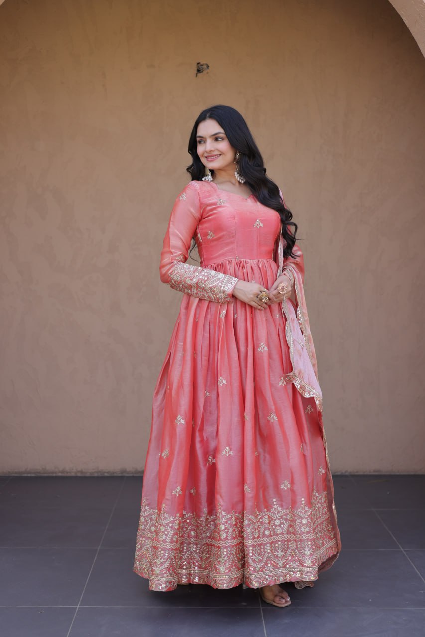 Peach Fendi Silk Embroidered Gown with Dupatta