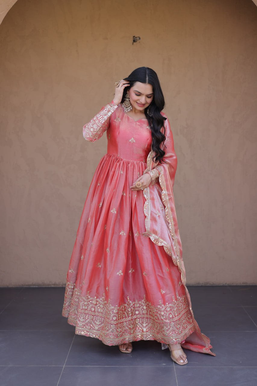 Peach Fendi Silk Embroidered Gown with Dupatta
