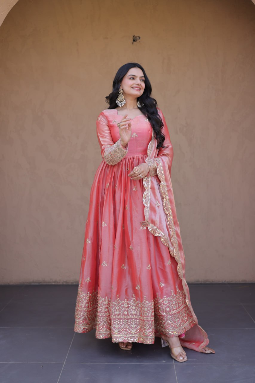 Peach Fendi Silk Embroidered Gown with Dupatta
