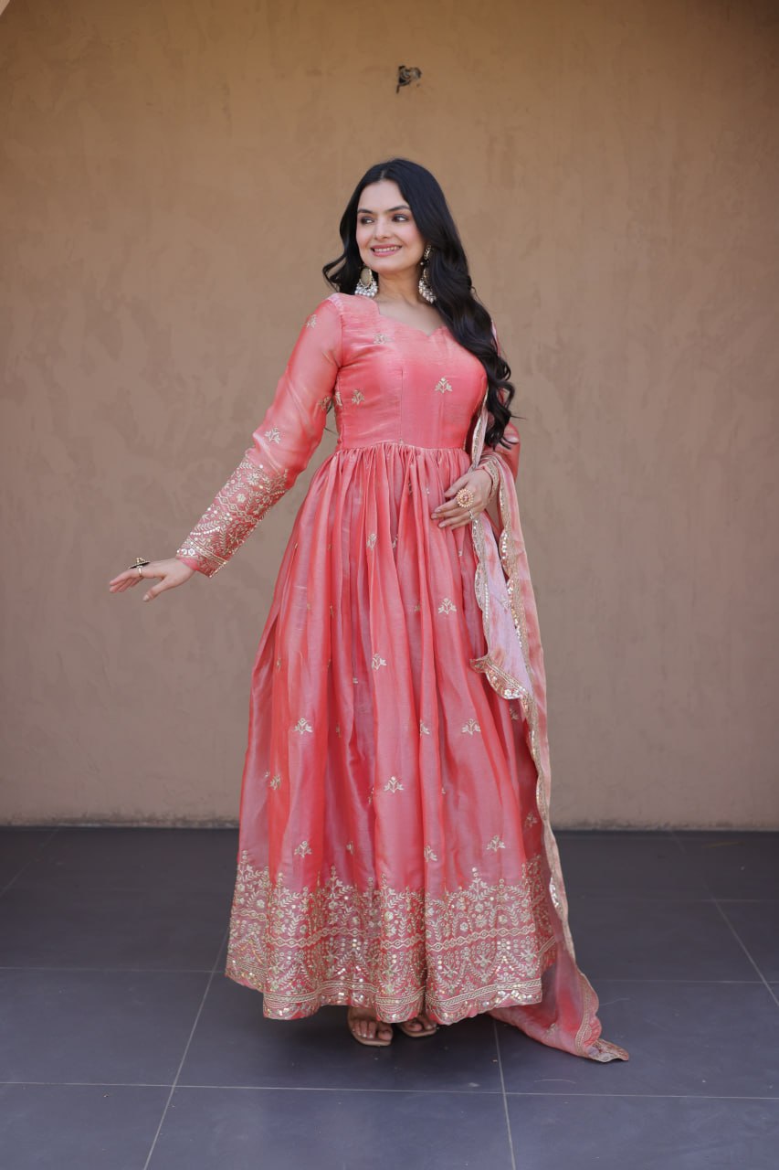 Peach Fendi Silk Embroidered Gown with Dupatta