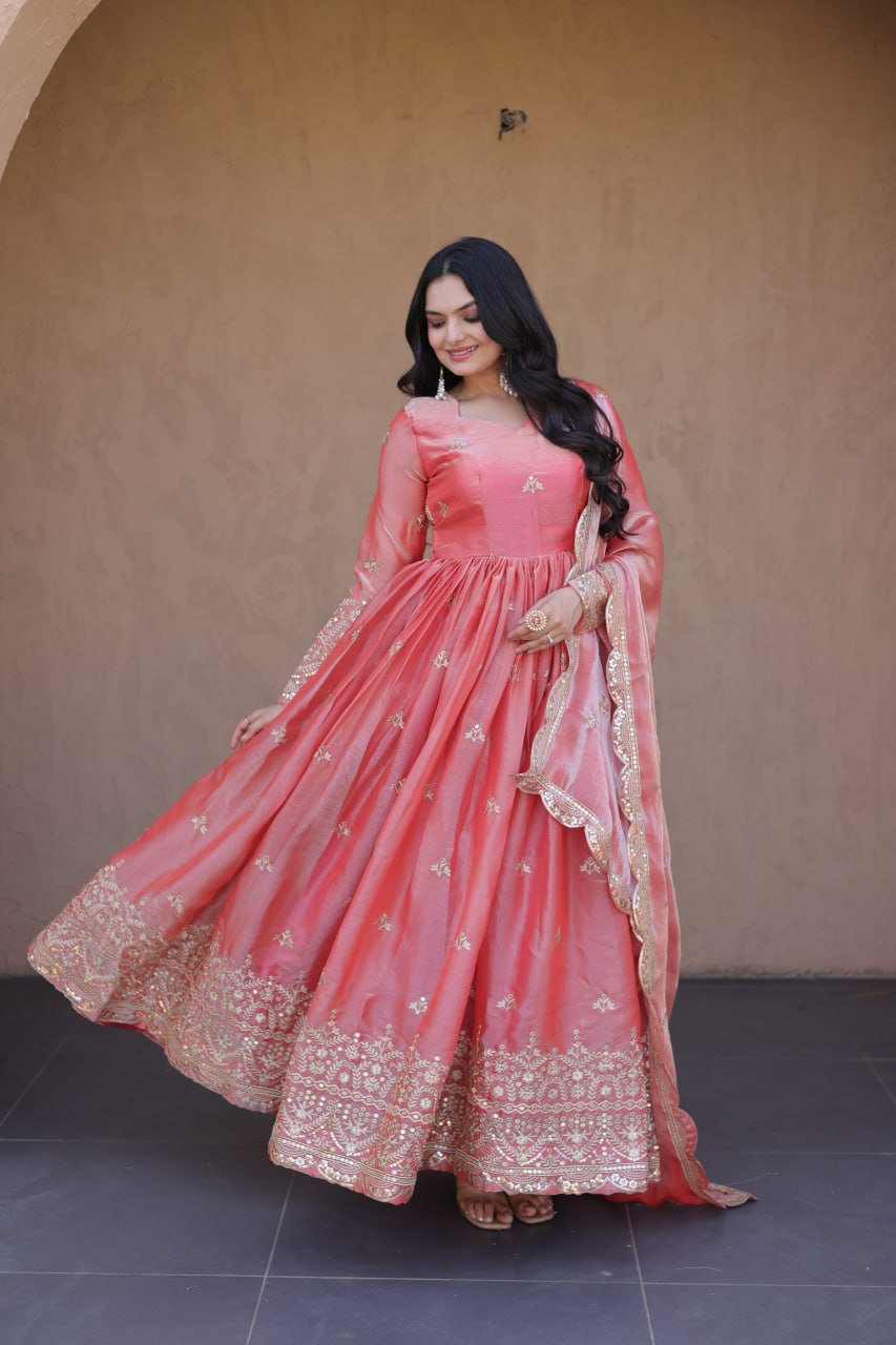 Peach Fendi Silk Embroidered Gown with Dupatta
