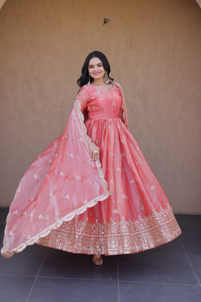 Peach Fendi Silk Embroidered Gown with Dupatta