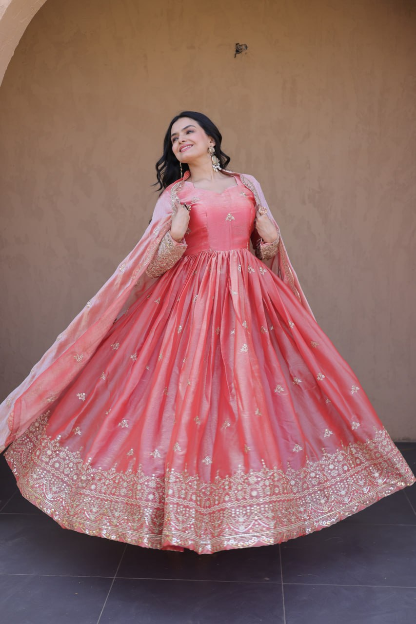 Peach Fendi Silk Embroidered Gown with Dupatta