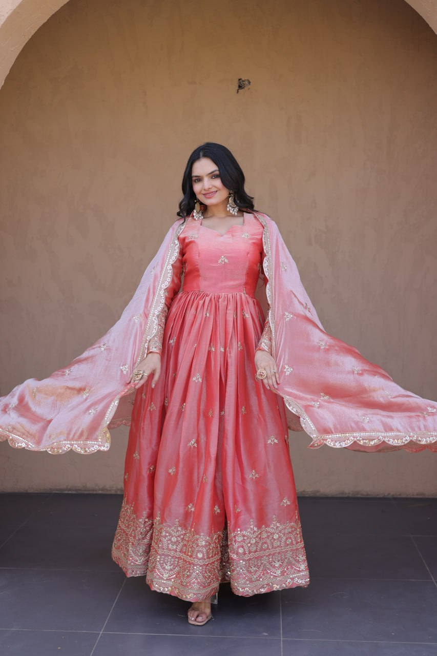 Peach Fendi Silk Embroidered Gown with Dupatta