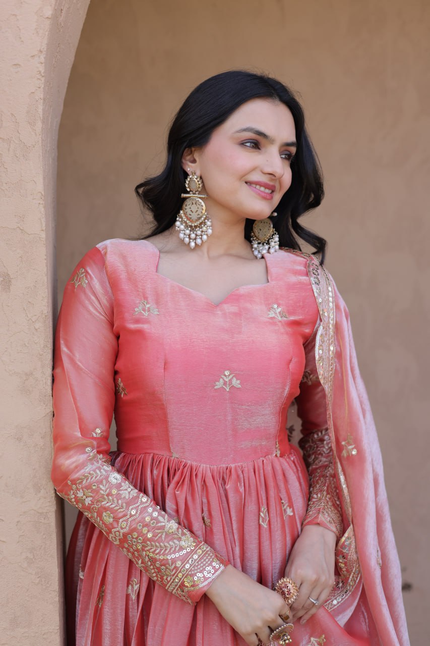 Peach Fendi Silk Embroidered Gown with Dupatta