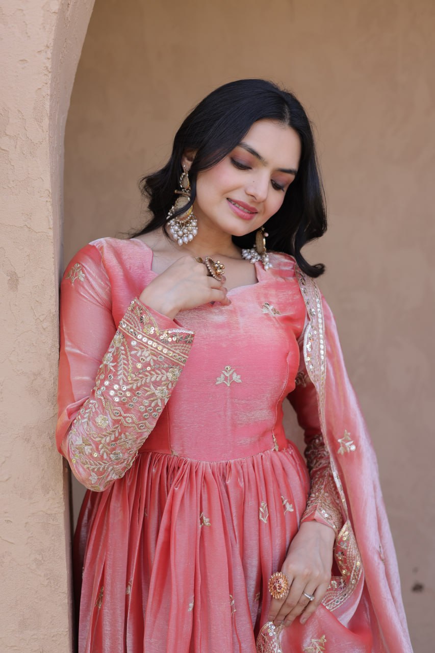 Peach Fendi Silk Embroidered Gown with Dupatta