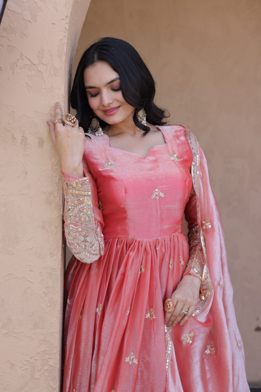 Peach Fendi Silk Embroidered Gown with Dupatta