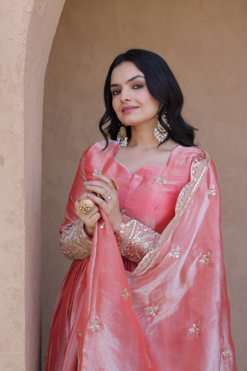 Peach Fendi Silk Embroidered Gown with Dupatta