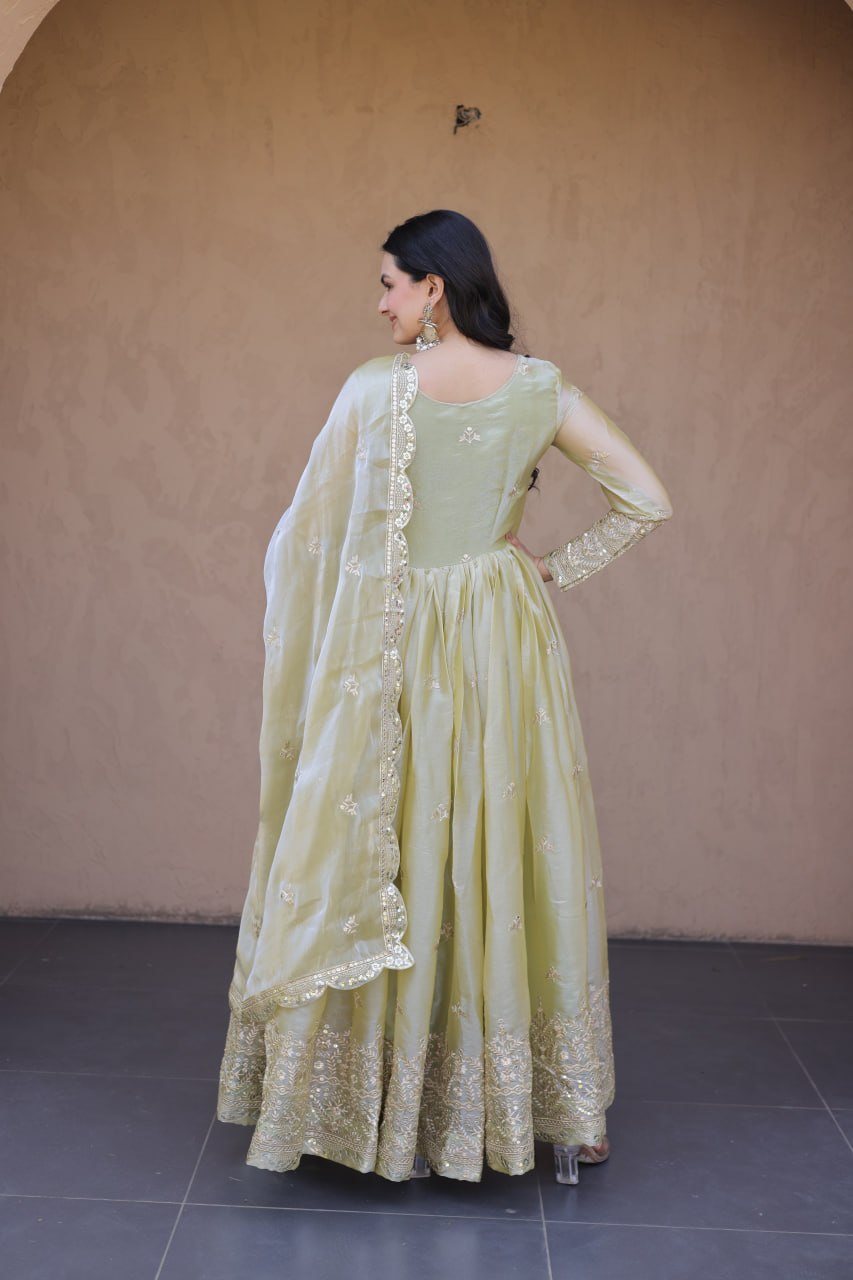 Sage Green Fendi Silk Embroidered Gown with Dupatta