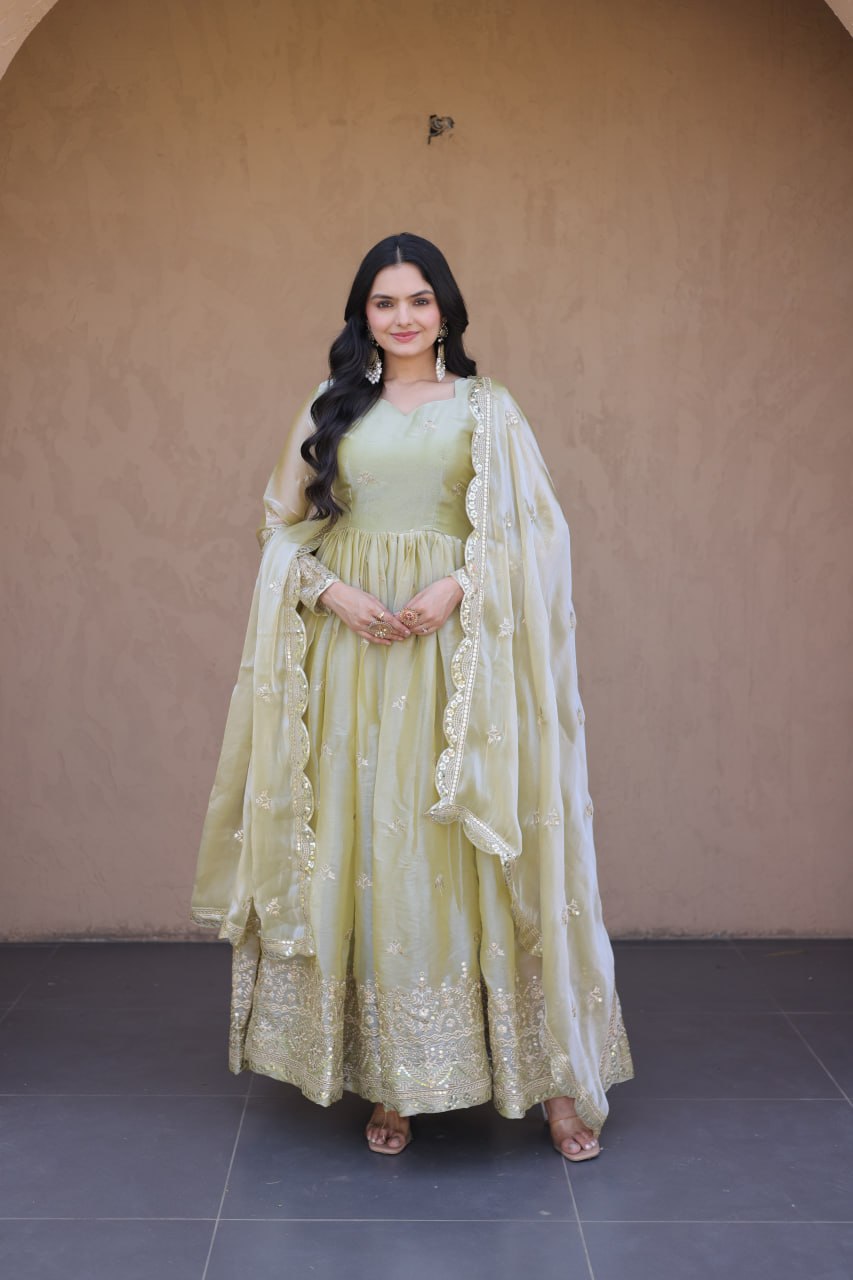Sage Green Fendi Silk Embroidered Gown with Dupatta