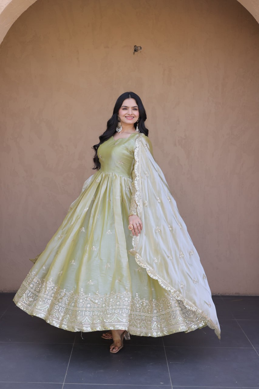 Sage Green Fendi Silk Embroidered Gown with Dupatta