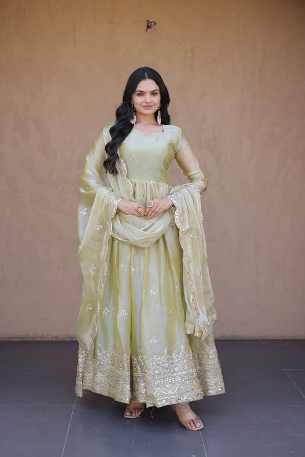 Sage Green Fendi Silk Embroidered Gown with Dupatta