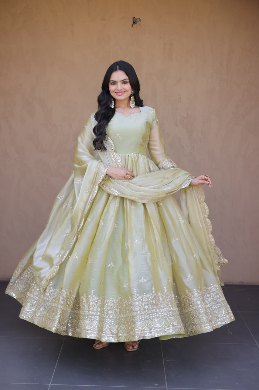 Sage Green Fendi Silk Embroidered Gown with Dupatta