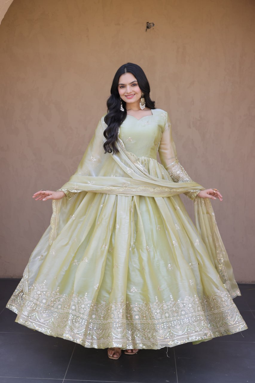 Sage Green Fendi Silk Embroidered Gown with Dupatta