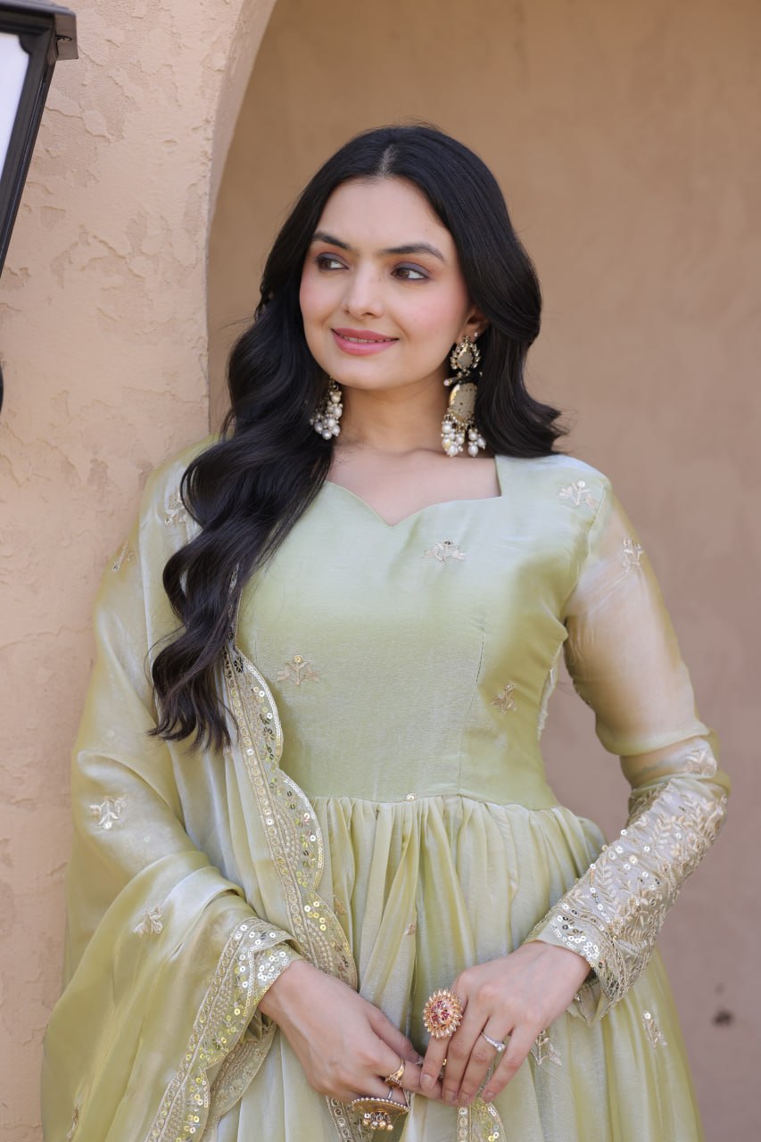 Sage Green Fendi Silk Embroidered Gown with Dupatta