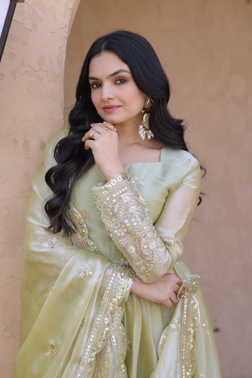 Sage Green Fendi Silk Embroidered Gown with Dupatta